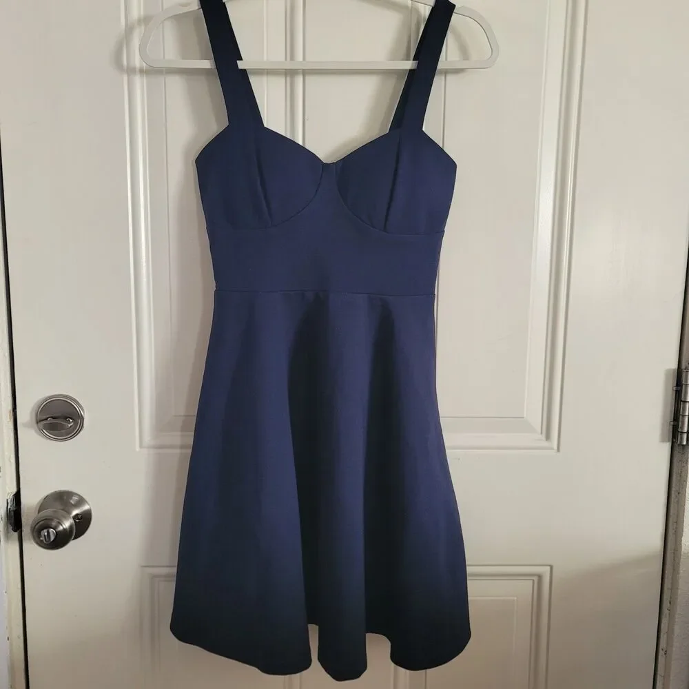 Lulus Lined Sleeveless Skater Dress Navy Blue, Stretch Twirl Party Dance Heart - Picture 5 of 12